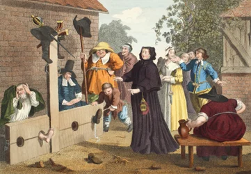Hudibras och Ralpho in the Stocks, från "Hudibras" av Samuel Butler (1612-80, illustration från "Hogarth Restored: The Whole Works of the celebrated William Hogarth, re-graved by Thomas Cook", pub.